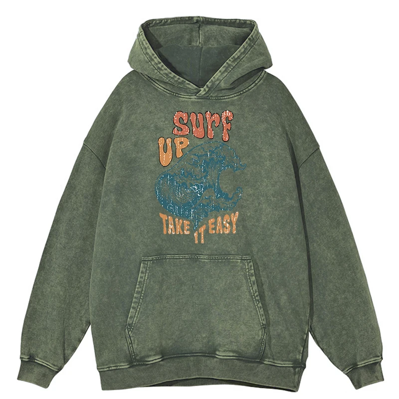 thumbnail image 1 of Sudaderas casuales con capucha para hombre, estilo retro desgastado, lavado Surf Up Take It Easy, moda de otoño, 100 % algodón, ropa holgada, 1 of 5