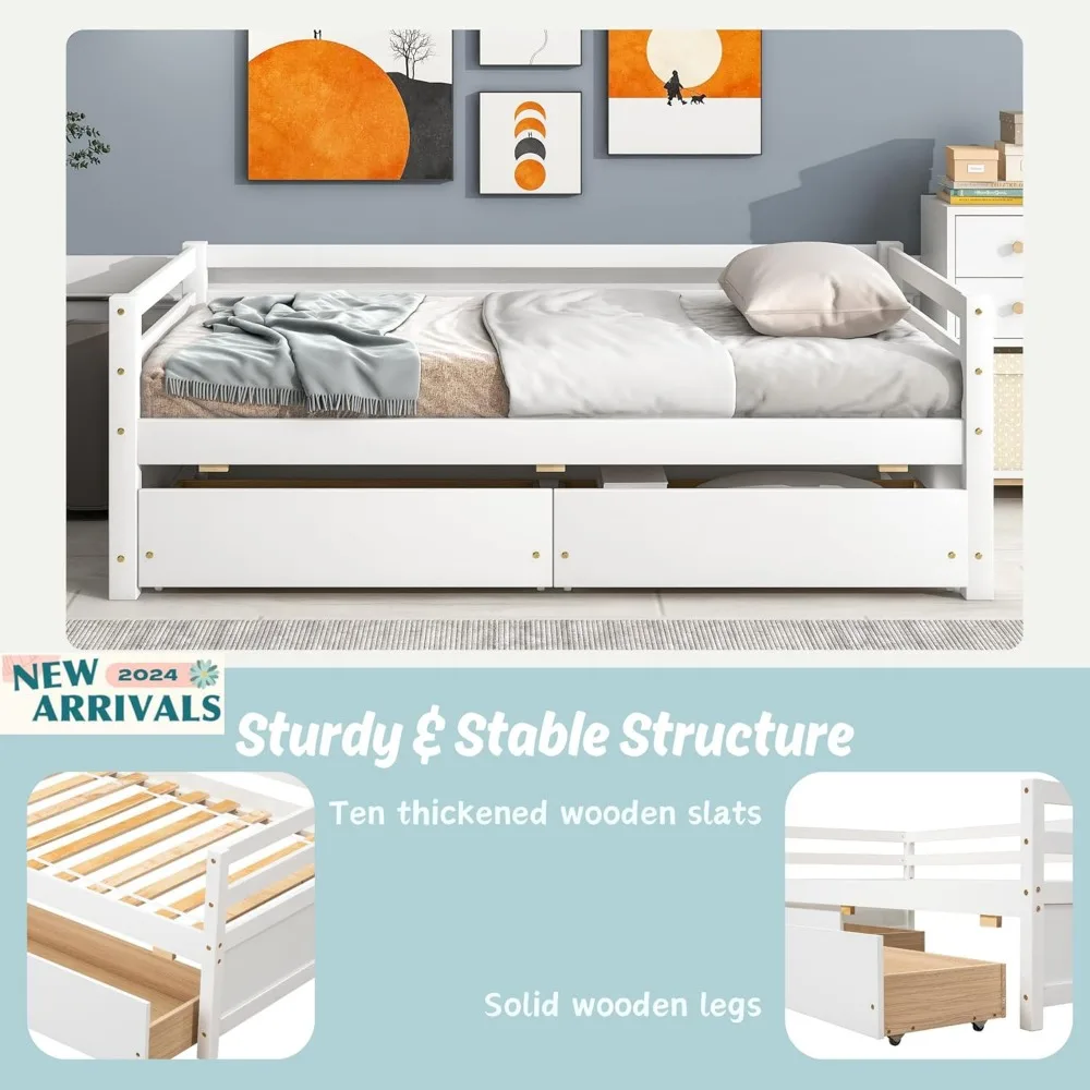 Twin Daybed with 2 Storage Drawers, Wooden Twin Size Daybed Frame, Dual-Use Daybed Sofa Kids Bed for Living Room,Children Room 3