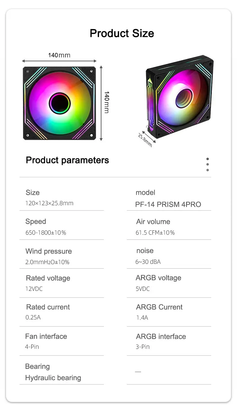 PF-14 PRISM 4PRO Computer Chassis Fan 14cm ARGB 4 Pin PWM Quiet Cooling Fan 12V