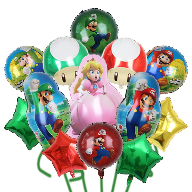 thumbnail image 1 of Juego de 14 globos de aluminio con pentagrama rojo y verde de Super Mario para decoración de fiestas de cumpleaños de niño o niña 2024, 1 of 4
