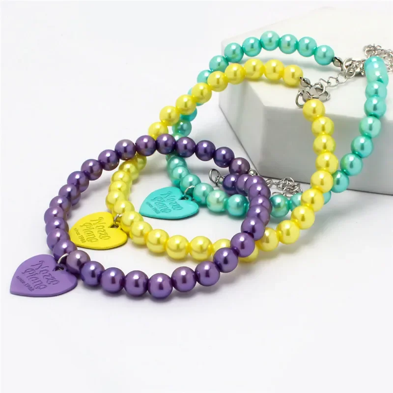 

Fashion Colorful Fluorescent Pearl Pet Collar Alloy Heart Pendant Necklace Adjustable Neck Jewely for Puppy Dog Cat Pet Supplies