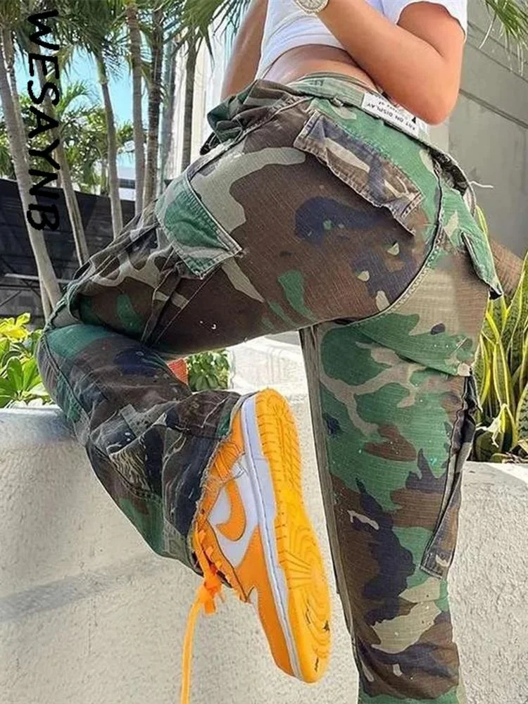 

y2k Clothes Straight Cargo Pants For Women 2022 Green Casual Print Camouflage Trousers Baggy Pockets Pants Streetwear