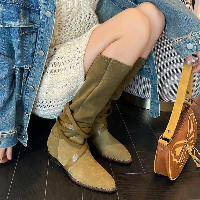 

Med-Calf Western Boots Cowgoirls Slip On Simple Pleated Shoes Cow Suede Daily Botas Green Cross-Tied Spring Autumn Woman Boots