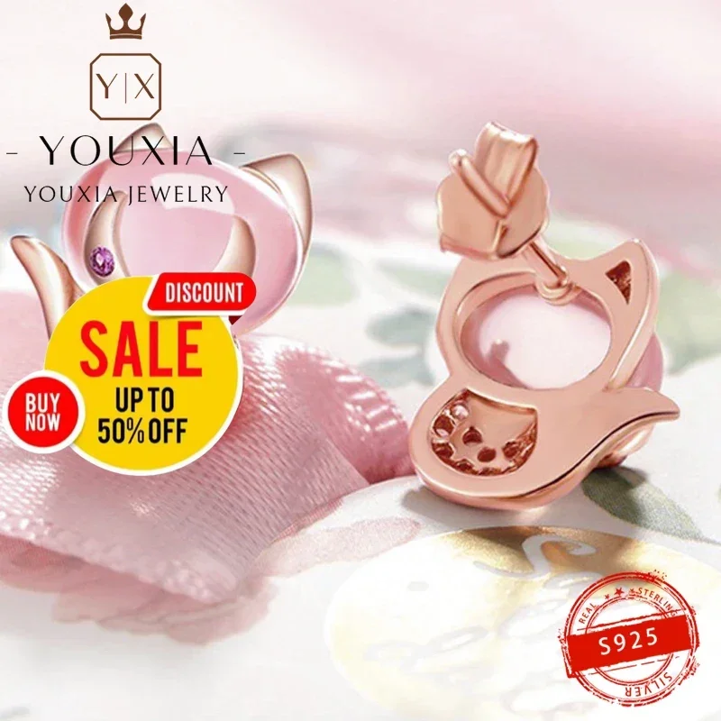 1:1 925Fox Stud Earrings Inlay Pink Opal Cute Animal Fashion Rose Golden Piercing Jewelry For Women Wedding Party Gift