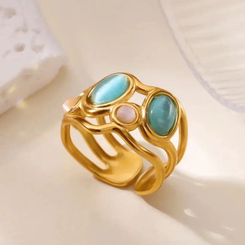 Geometric Opal Ring Stainless Steel Gold Color For Women