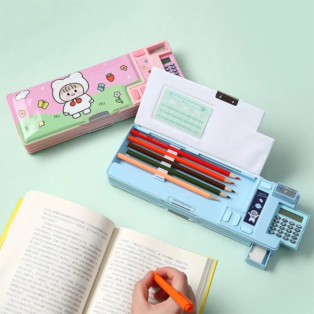 Pencil Cases Stationery Box Double Layer Pencil Case Astronaut Animal Design Pencil Sharpener Box Plastic With Calculator