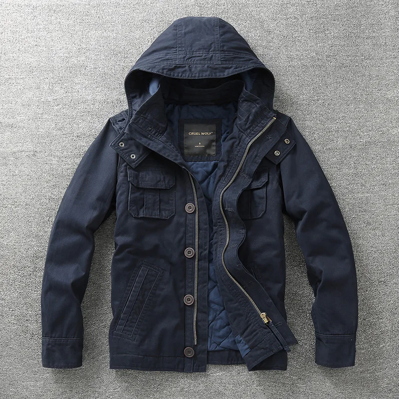 Men Jacket Denim Retro Cargo Hooded Jacketes Outdoor Multi Pockets Camo Tops Field Casual Fashion Hiking Coats Uniform 5