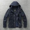 Men Jacket Denim Retro Cargo Hooded Jacketes Outdoor Multi Pockets Camo Tops Field Casual Fashion Hiking Coats Uniform 5