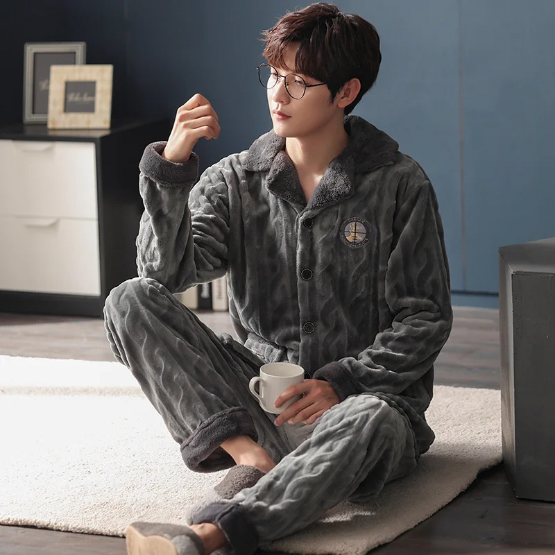 Men's Pajamas Autumn And Winter Flannel Long Sleeved Trousers  Casual Simple Cardigan Coral Velvet Home Suit