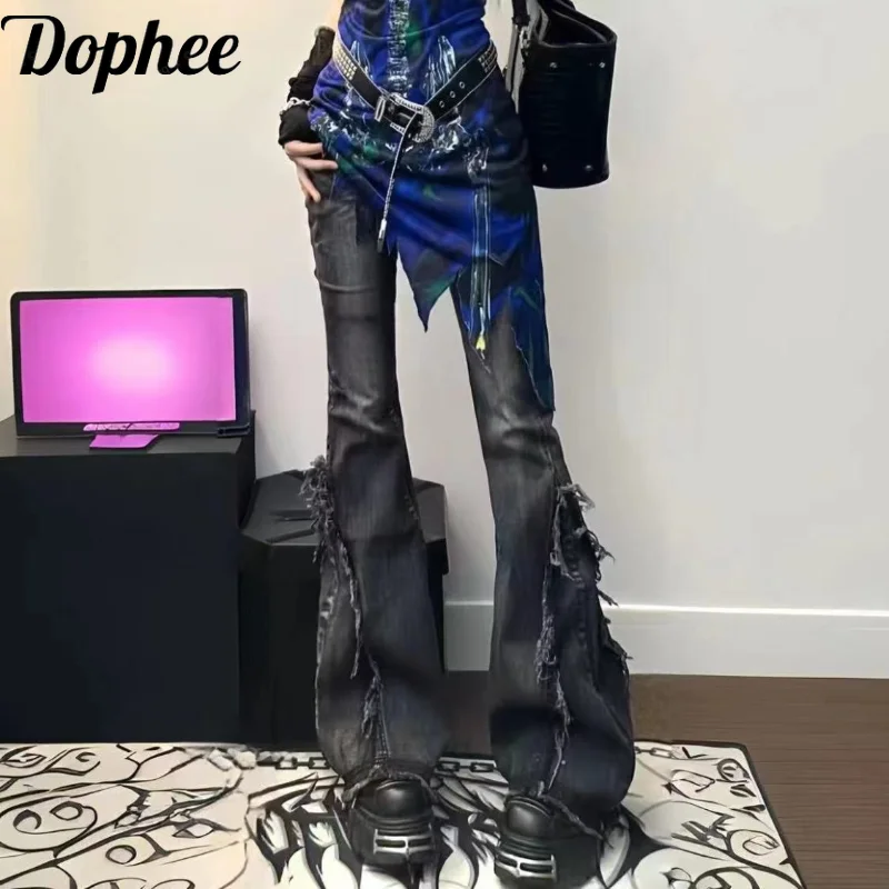

Dophee Subculture Y2k расклешенные джинсовые брюки женские в американском стиле Спайс девушки кисточки универсальные с высокой талией повседневные Прямые джинсы