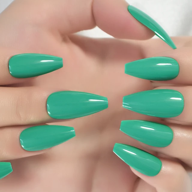 12x Extra Long Coffin French Neon Green Hand Painted Gel Press on False  Nails | eBay