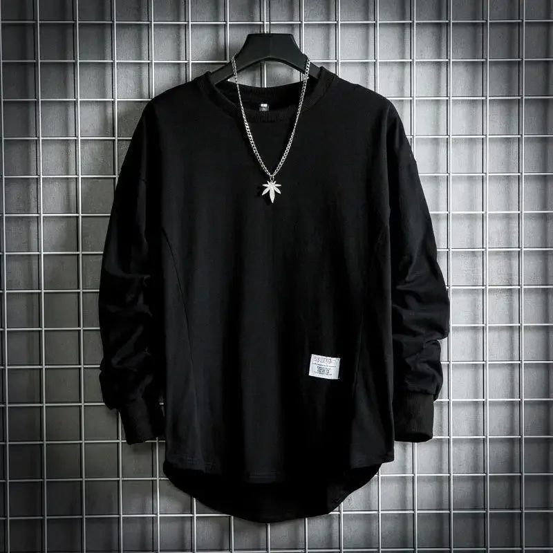 Sudadera holgada de manga larga con cuello redondo y moderna para hombre, estilo nuevo de otoño, camiseta de capa base de color sólido, camiseta versátil