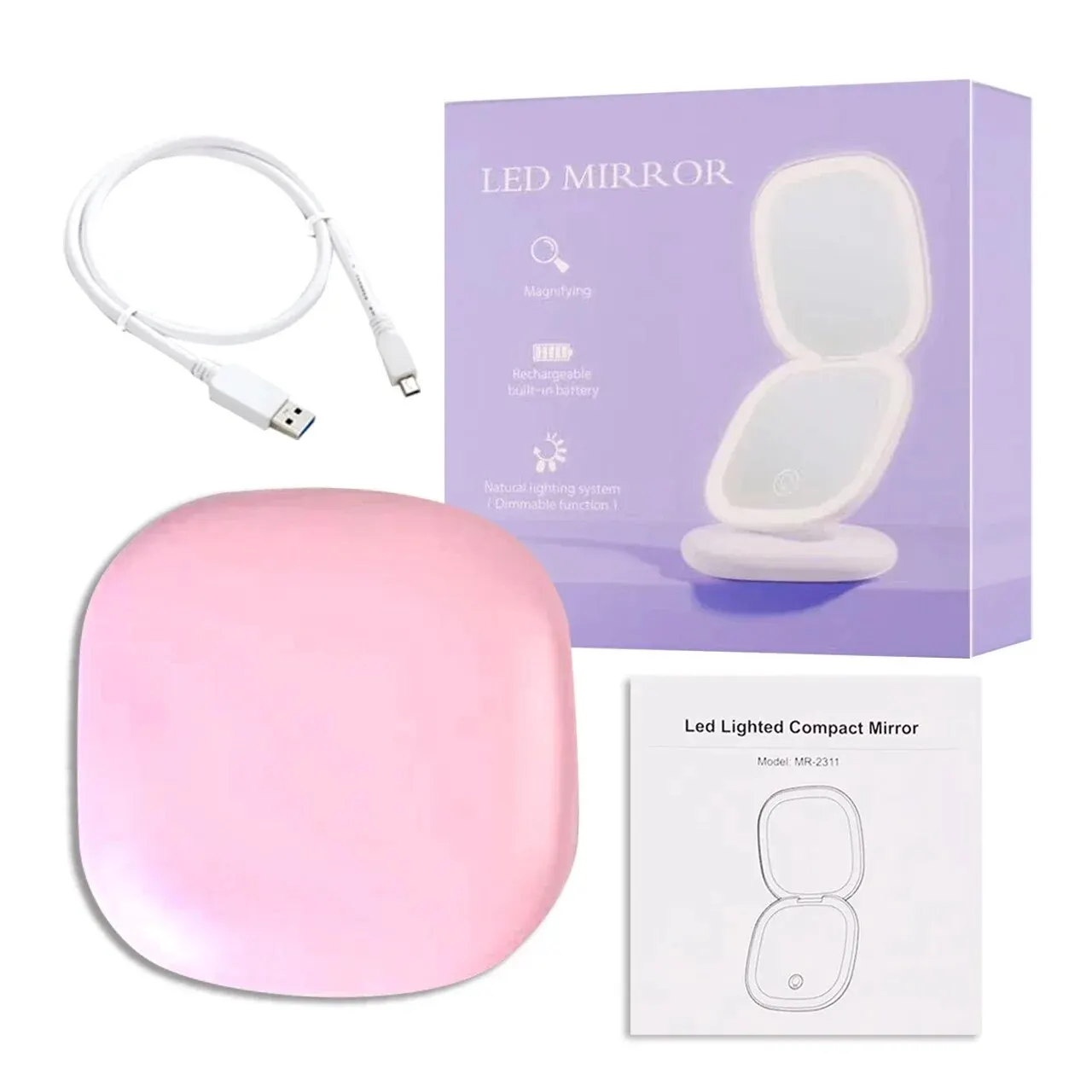 Makeup Mirror Magnifying Mirror Hand Holding Mirror 2 Face Sides Touch Compact Led 3 Colors Mini Foldable Charge With 5X