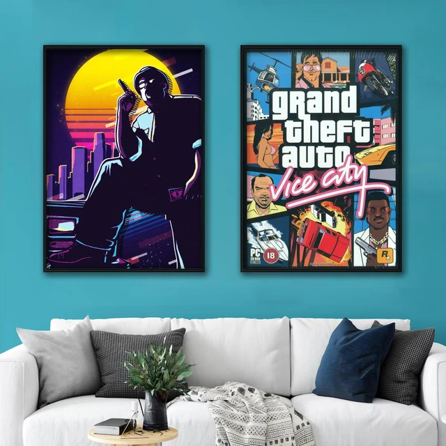 Jogo cartaz grand theft auto v gta 5 lona impressão da arte pintura parede  fotos para o quarto decoração casa arte da parede - AliExpress