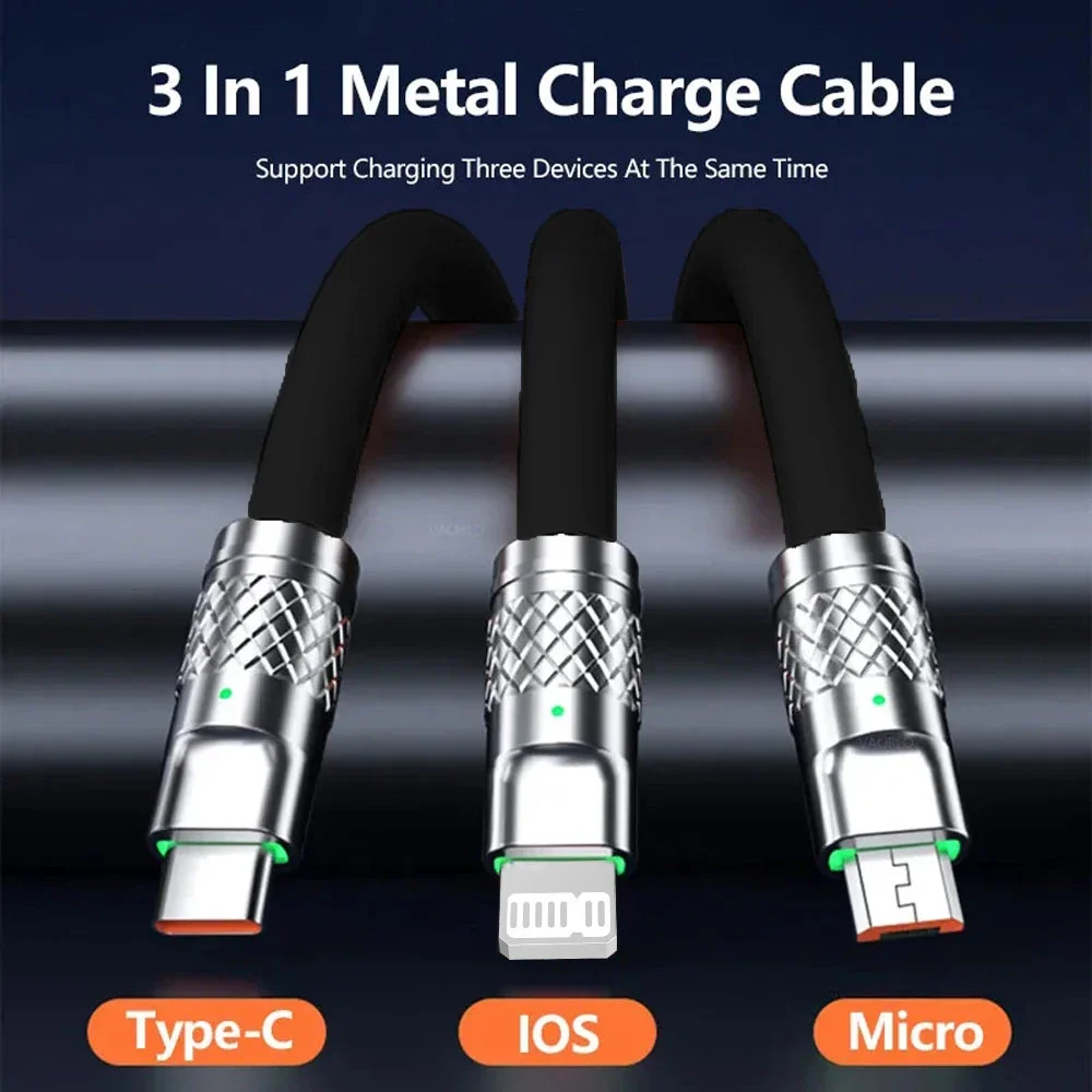 3 In 1 120W iPhone 용 고속 충전 케이블 코드 Huawei poco 6A USB 유형 C 충전기 데이터 케이블 멀티 포트 마이크로 Usb 충전 와이어