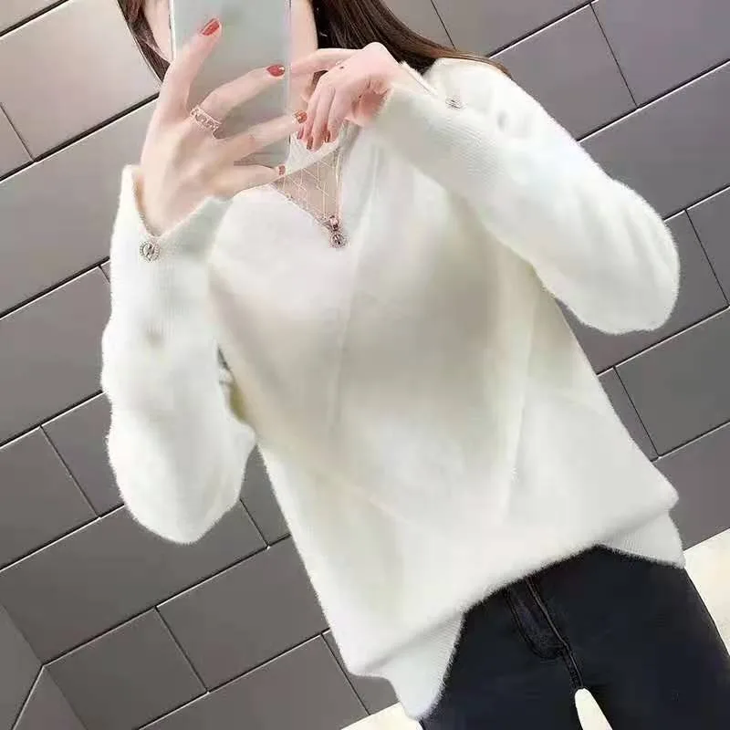 

Temperament-knitted pullover, half-turtleneck, imitation mink fleece, loose sweater, women's knit