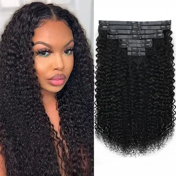 22-32 Inch Deep Curly Wave Clip in Hair Extensions Per Set with 18 Clips Human Hair 8 Pieces and Natural Black Color Extension