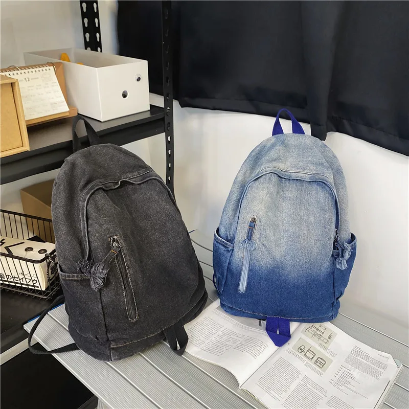 

New Denim College Student School Bags Large Capacity Washed Denim Backpack Backpack Retro Bookbag for Teenager