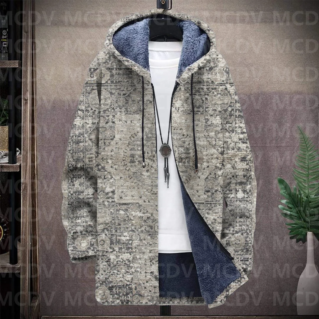 Men's Retro Flower Print Plush Thick Long-Sleeved Coat Fleece Hooded Overcoat Men Thick Warm Jacket-12 style