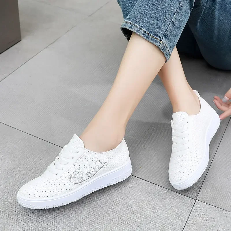 Hollow-Out Leather Sneakers Summer Fashion Women's Vulcanize Shoes Breathable Running Sports-Shoes Women Outdoor Flat Sneakers