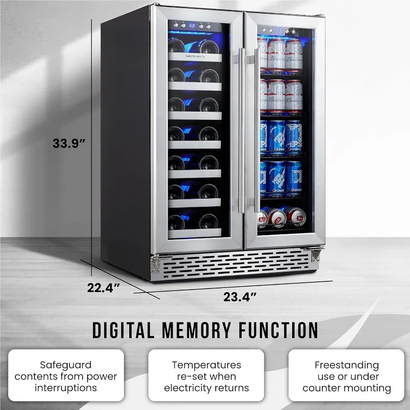 Phiestina Wine Beverage Refrigerator,24’’ Wine Cooler- 20 Bottles&78 Cans,Built-in/Freestanding Dual Zone Wine Fridge Glass Door 6