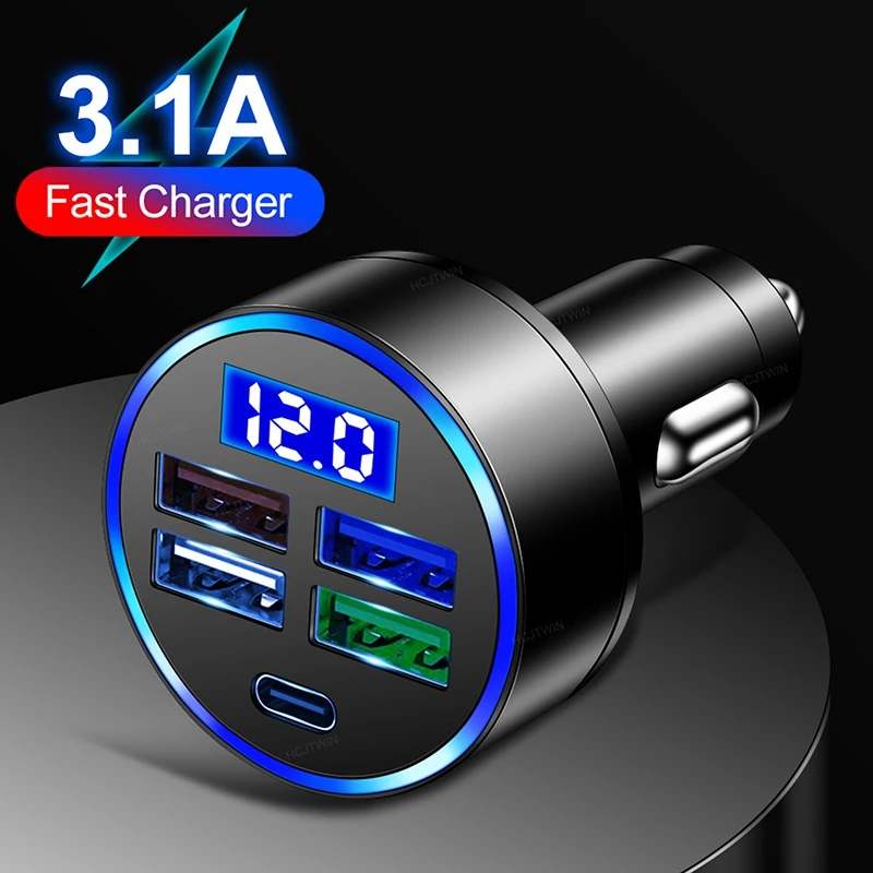 

Car Charger Usb Adapter 4-Port +Type-C Led Car Charger Cigarette Lighter Usb Charger 3.1A Car Fast Charging Mini Car Charger
