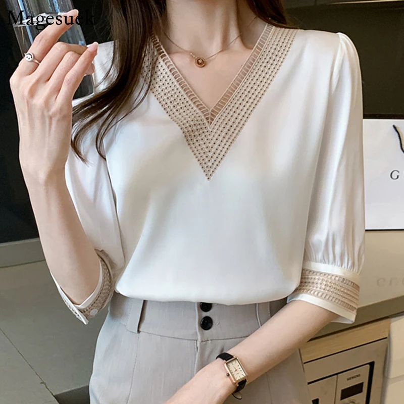 White Lace V Neck Chiffon Blouse for Women