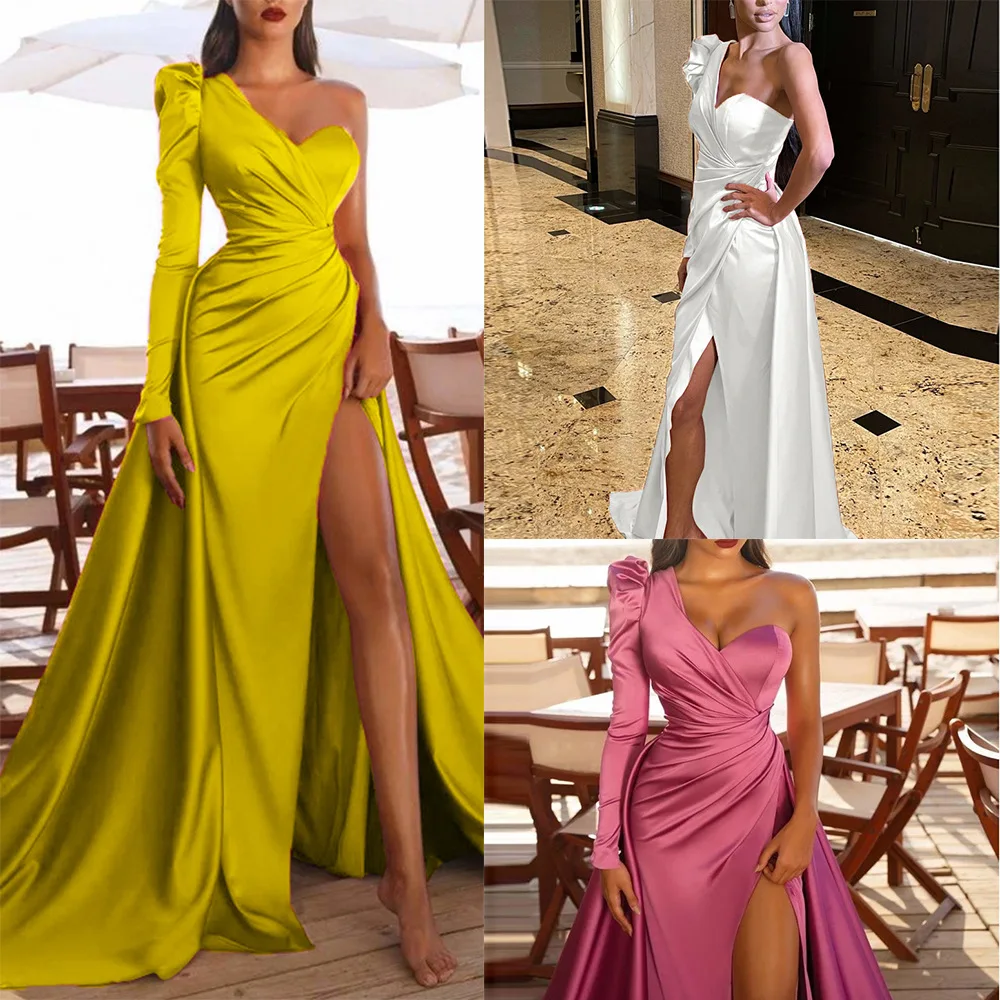 

2022 new long sleeve satin gown long slit one shoulder train skirt
