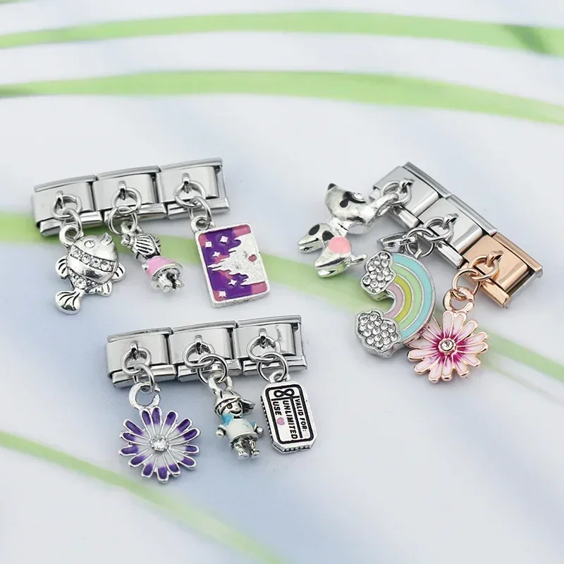 Charm Bracelet Fashion Sweet Flower Fish Rainbow Dog Boy Girls Charm Links 9mm Stainless Steel Bracelet Making DIY Jewelry