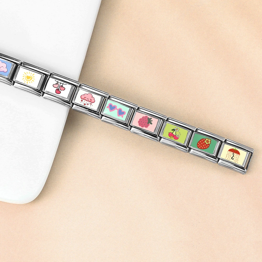 Niedlicher italienischer Charm-Anhänger mit Liebesherz, Wolke, Früchten und Erdbeere, passend für 9-mm-Edelstahlarmbänder für Damen, DIY-Modeschmuck – Detail 1