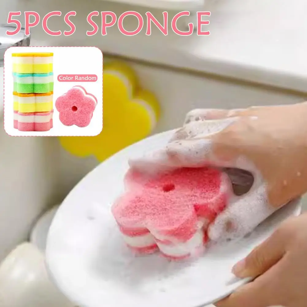 

5PC Color Random Flower Shape Dishwashing Sponge Brush Glass Household Cleaning Tableware Kitchen Tool Cleaning N4I9