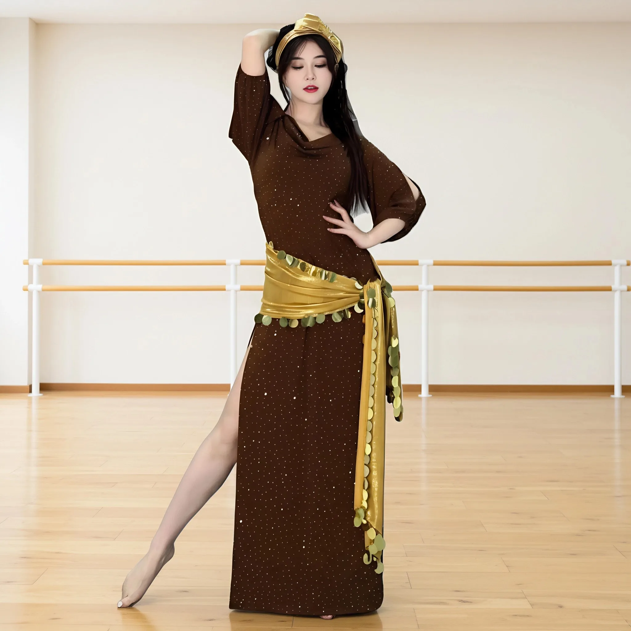 Women Belly Dance Coins Costume Baladi Saidi Dress Girls Training