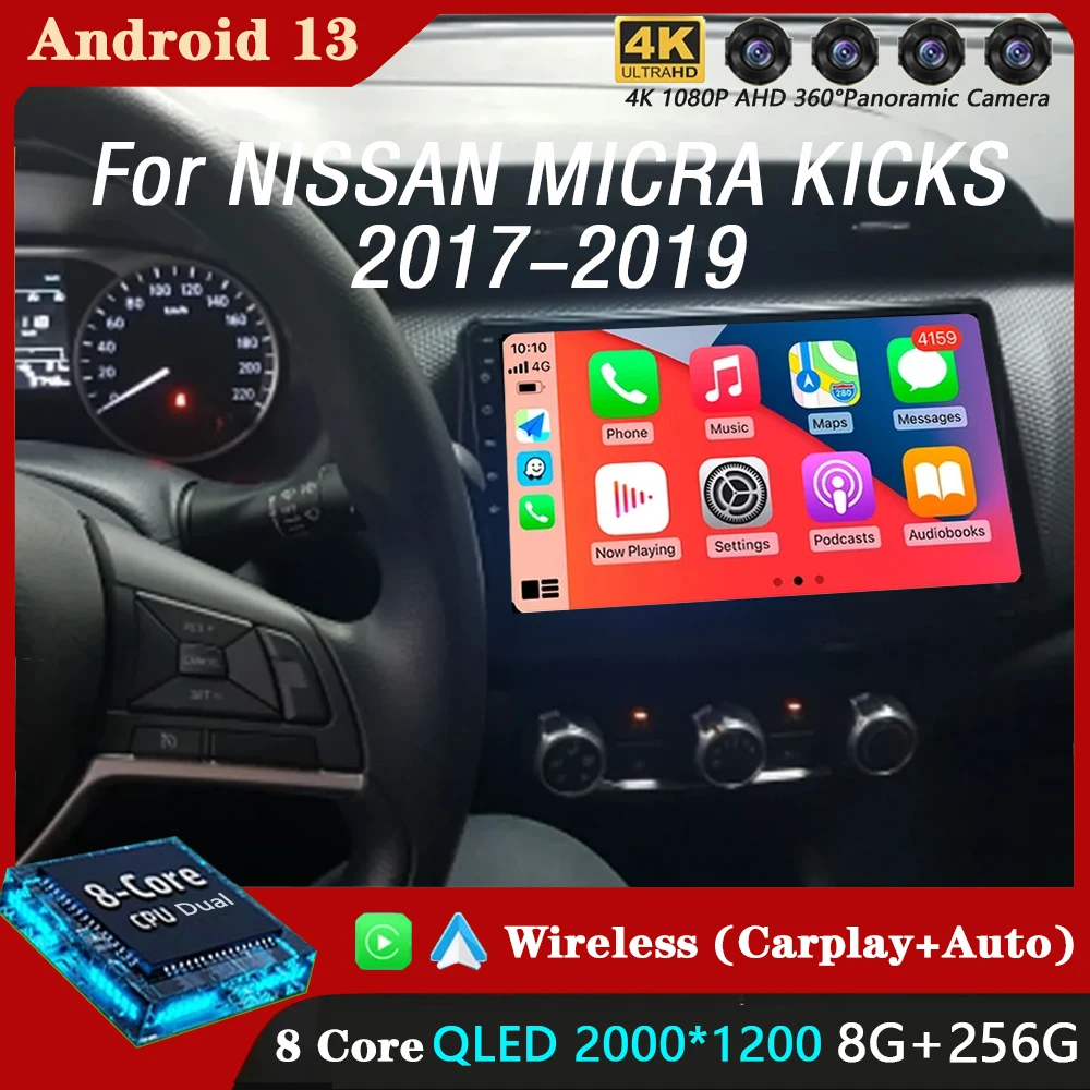 

Автомобильная Мультимедийная система Carplay для NISSAN MICRA KICKS 2017 2018 2019, 9 дюймов, Android 13, с видеоплеером, GPS, 4G + Wi-Fi