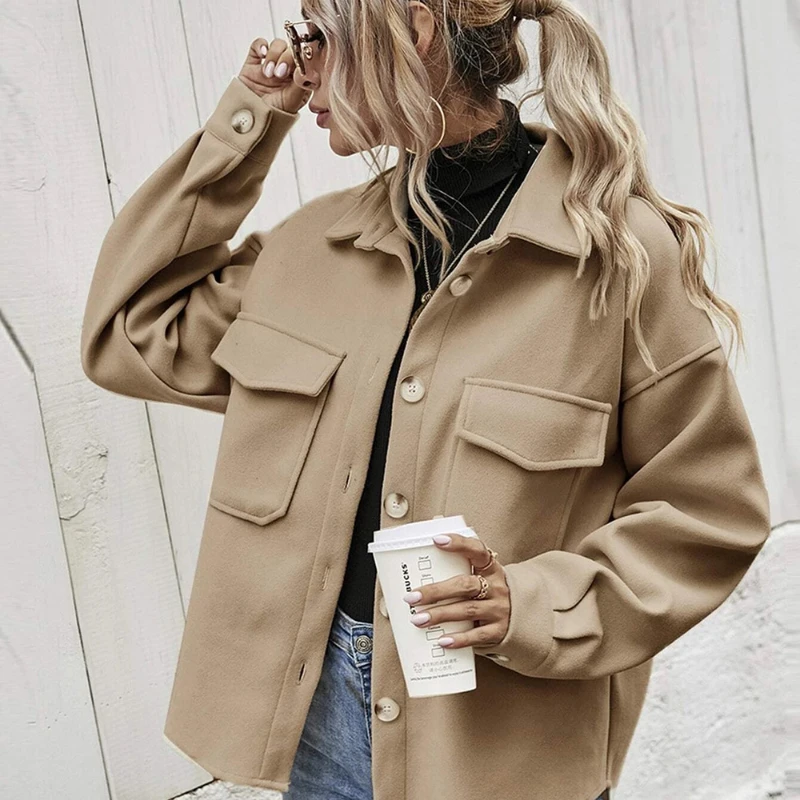 2021 Fall/winter New Style Lapel Single-breasted Thick Woolen Loose Casual Jacket Women's Long-sleeved Fashion Women's Clothing