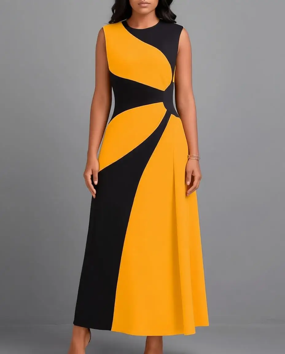 Damen Sommer Ärmelloses Rundhals-Kleid mit Farbblock-Patchwork, Elegantes Maxi A-Linien Casual Party Fit-and-Flare Strand Swing Langes Kleid