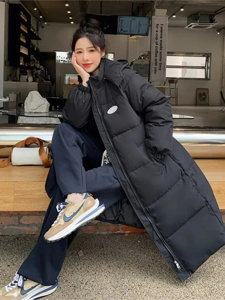

2023 Winter White Long Down Jacket Women Zipper Hooded Parkas Coat New Female Loose Padded Cotton Thickening Warm Puffer Jackets