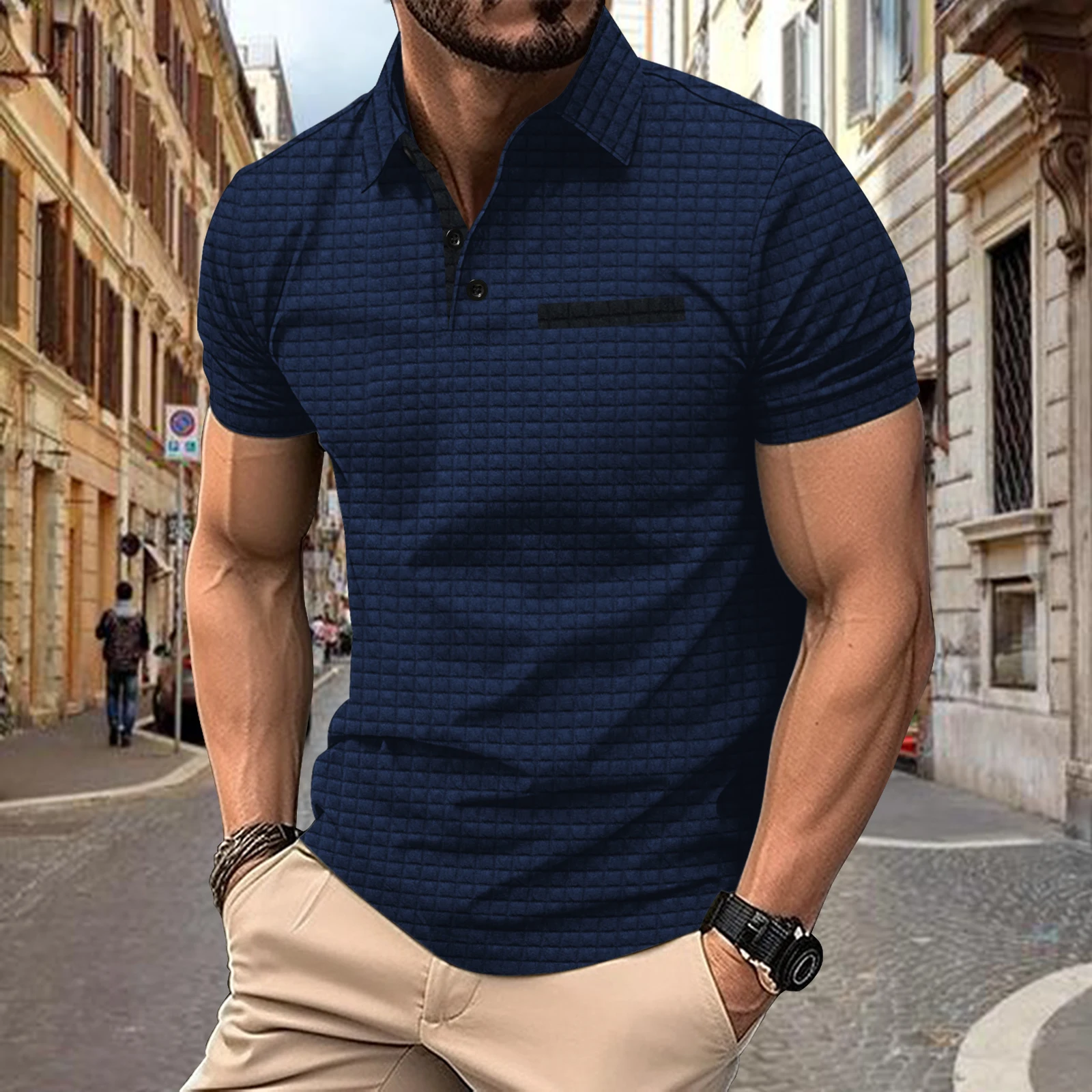 Description Picture 5 of itemEurope and the United States 2024 summer fashion POLO shirt new jacquard check men's sports polo shirt