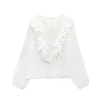 Zevity Women Fashion Long Sleeve V Neck Tierred Ruffles Loose Blouse Female Solid Color Casual Shirts Blusas Chic Tops LS6317 - Image 3