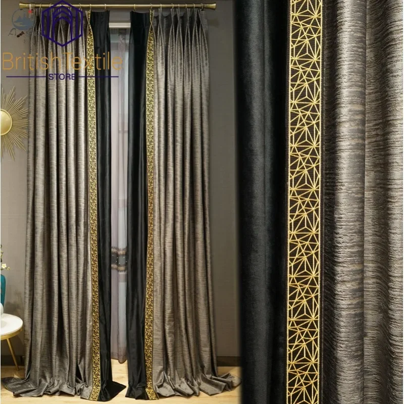 

Европейские бархатные шторы блэкаут серого цвета, роскошные шторы для гостиной, тюлевые винтажные шторы с золотыми кружевами для спальни, столовой на заказ