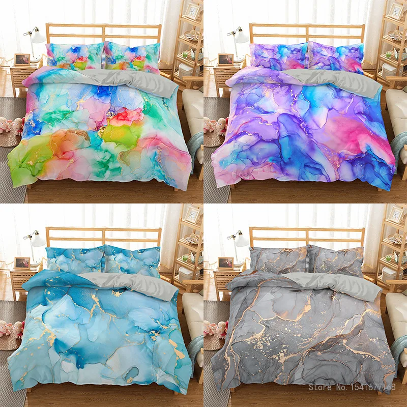 

Quilt Cover and Pillowcase Set, 3D Home visit Bedding, Marble Pattern, Washable Quilt, 3-Piece Set