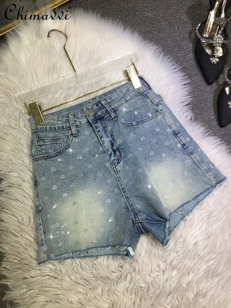 european-heavy-hot-drilling-jeans-for-women-2024-summer-new-fashion-slim-light-blue-stretch-a-letter-washed-streetwear-shorts