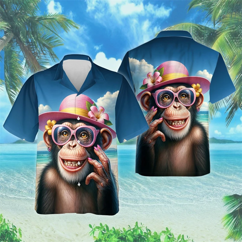 Funny Monkey 3D Printed Beach Shirts Casual Hawaiian Beach Shirt Hip Hop Male Short Sleeve Cute Animal Women Blouses Button Tops