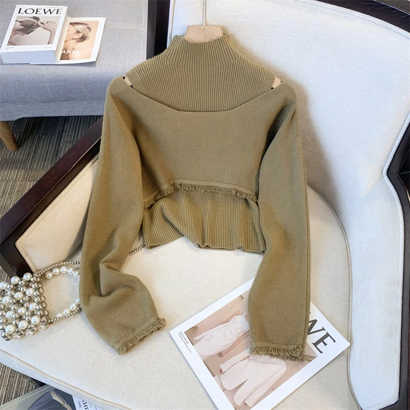 

Женские свитера с имитационным вырезом, тонкий пуловер, комплект из 2 предметов, топы и жилет, повседневный мягкий вязаный свитер, мягкий джемпер, осень и зима 2023