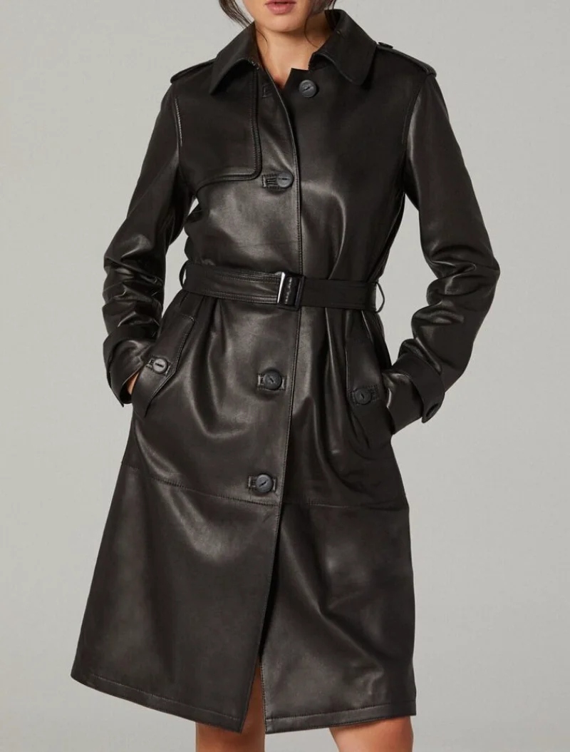 

Women Leather Trench Coat Women Black Buttoned Knee Length Warm Coat Christmas