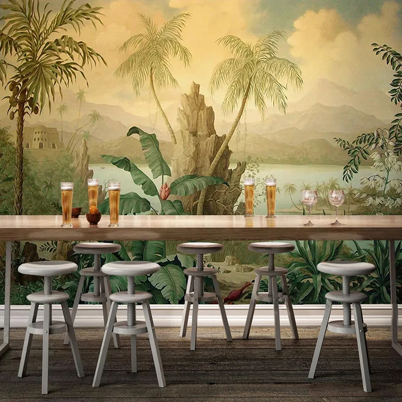 Papel de Parede Arte Personalizada 3d Mural de Parede Estilo Europeu Retrô Pintura a Óleo de Paisagem Tropical Floresta Tropical Banana Árvore de Coco
