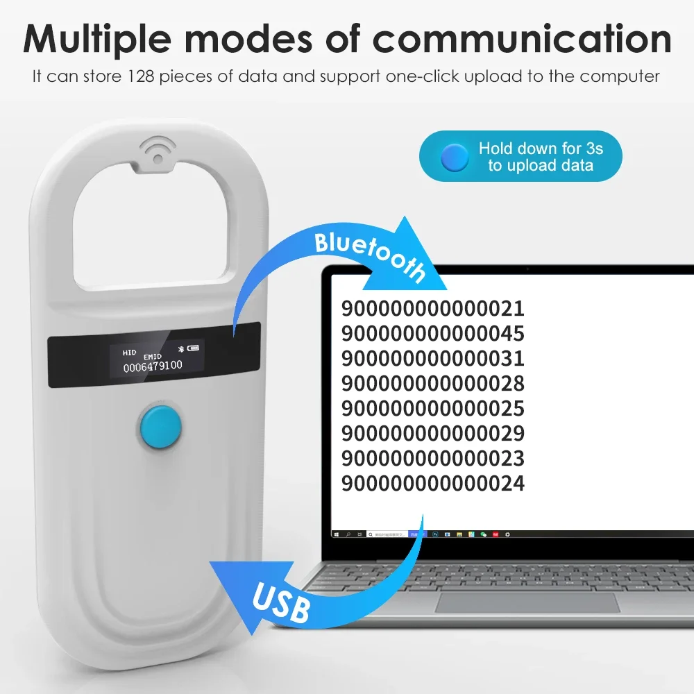 Handheld Animal RFID Reader Pet Cat Dog Microchip Scanner FDX-B Glass Chip USB Bluetooth Tag Reader with Tags 134.2KHz 125kHz