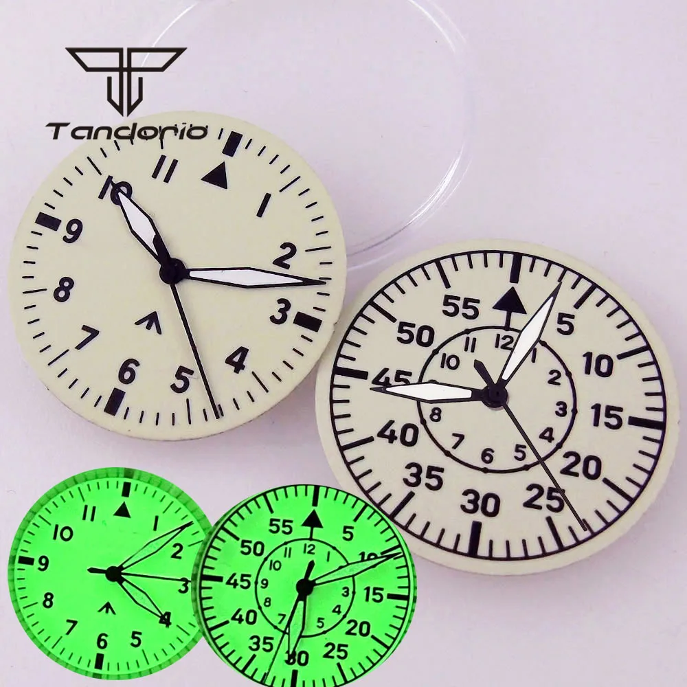 29Mm Cremoso Sterile Pilot Watch Dial Face Hands Set Full Green Luminous Fit Nh35 Nh36 Eta2824 Pt5000 Miyota82 Series Movement