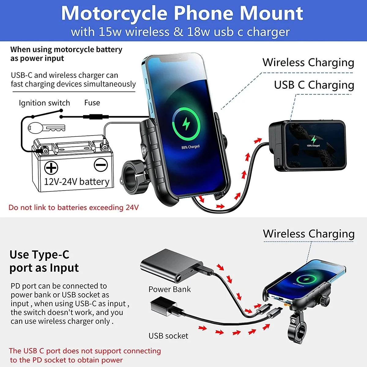 Wireless Charging Motorcycle Phone Holder with Quick Charge 3.0