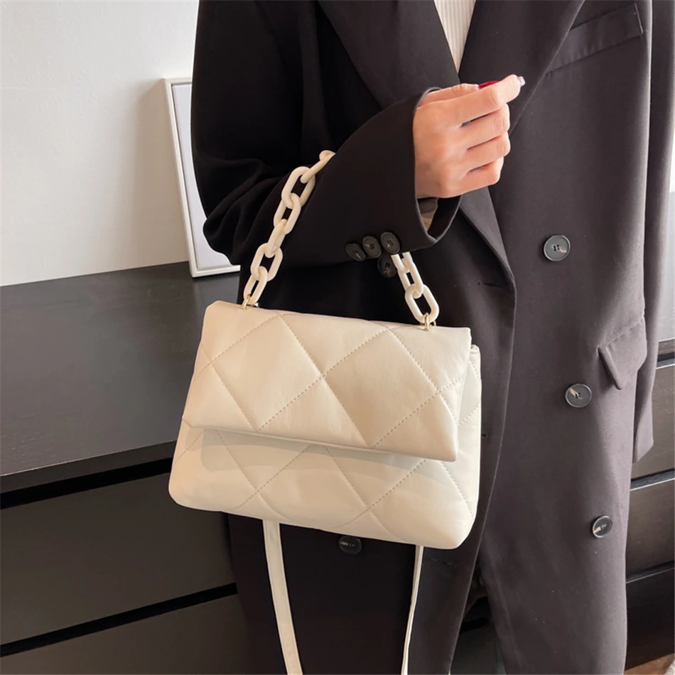 Cream Leather-Look Quilted Chain Strap Shoulder Bag