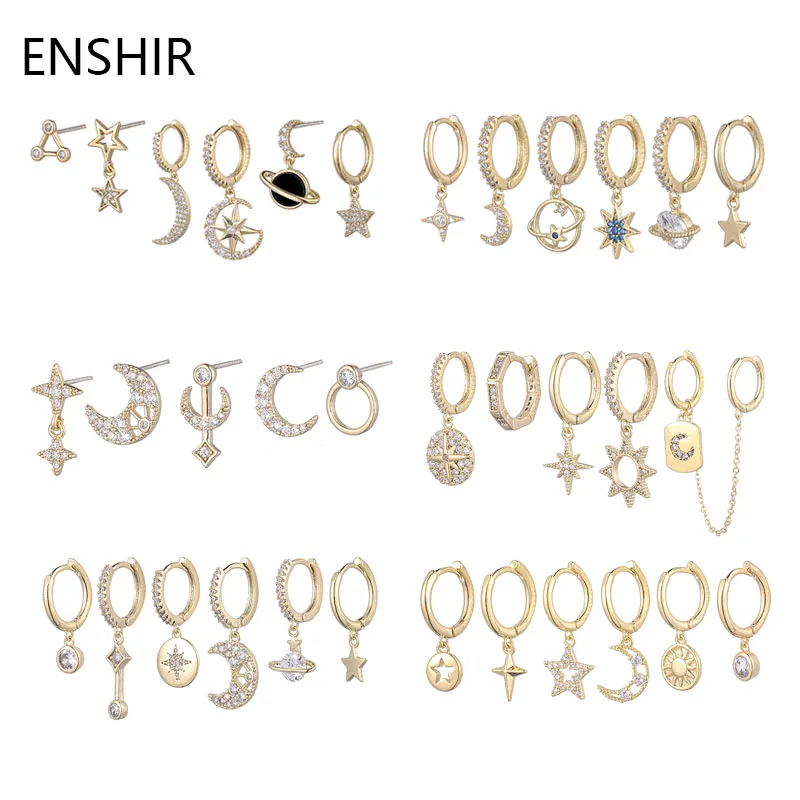 

ENSHIR Gold Color 6-piece Earrings Set for Women Moon Zircon Hoop Earrings Jewelry Wholesale Gifts